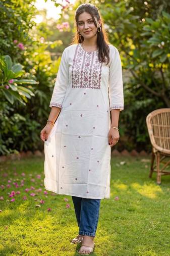 White floral embroidered thread work straight kurta