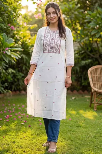 White floral embroidered thread work straight kurta