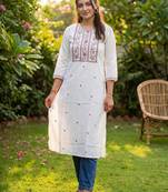 White floral embroidered thread work straight kurta