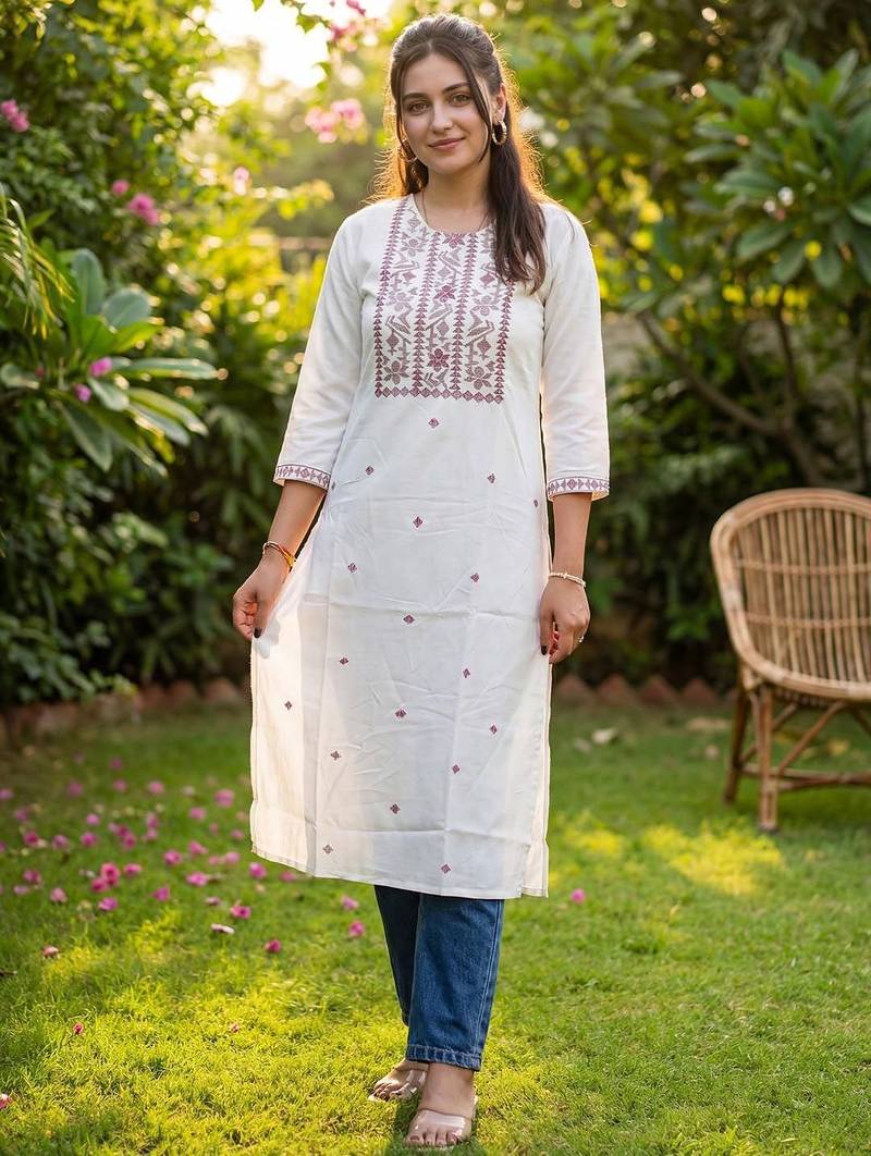 White floral embroidered thread work straight kurta