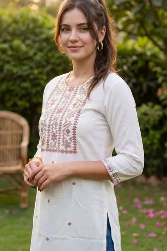 White floral embroidered thread work straight kurta