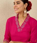 Pink women ethnic motifs embroidered regular sequinned straight kurta with trousers