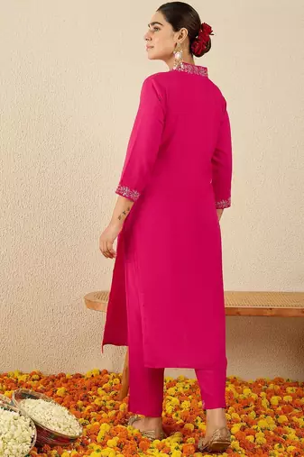 Pink women ethnic motifs embroidered regular sequinned straight kurta with trousers