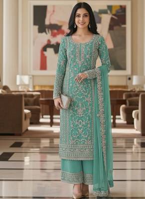 Sea green color girlie butterfly net ceremonial salwar kameez for glamorous looks 1