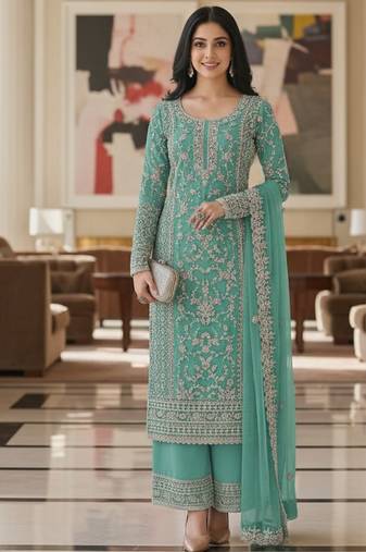 Sea green color girlie butterfly net ceremonial salwar kameez for glamorous looks