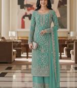 Sea green color girlie butterfly net ceremonial salwar kameez for glamorous looks
