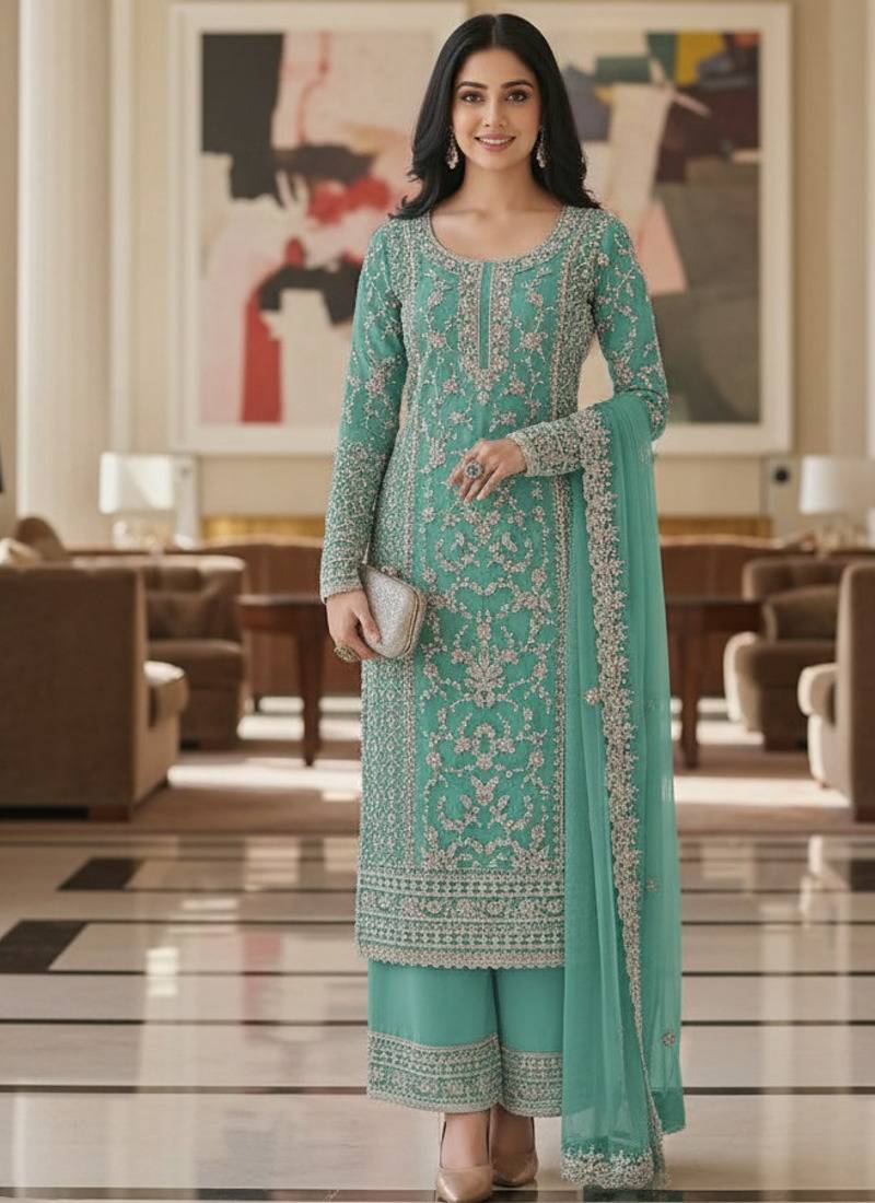 Sea green color girlie butterfly net ceremonial salwar kameez for glamorous looks