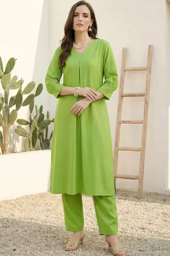 Lime green women regular kurta with trousers