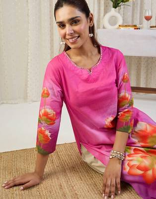 Pink floral printed straight cotton kurta 1