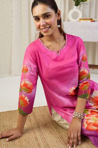 Pink floral printed straight pure cotton kurta