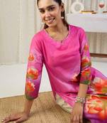 Pink floral printed straight pure cotton kurta