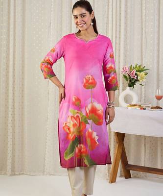 Pink floral printed straight cotton kurta 2