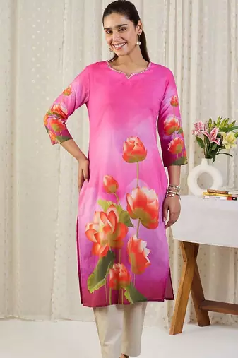 Pink floral printed straight pure cotton kurta
