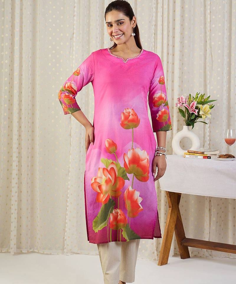 Pink floral printed straight pure cotton kurta