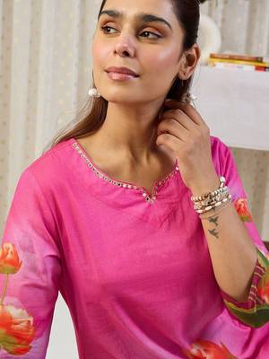 Pink floral printed straight cotton kurta 3