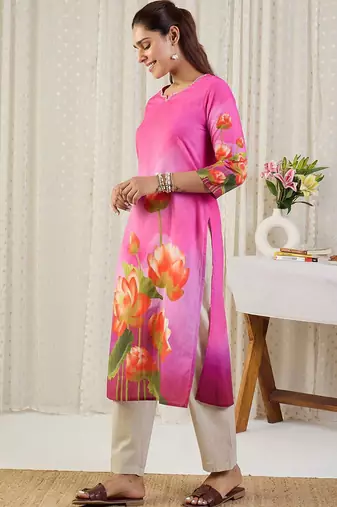 Pink floral printed straight pure cotton kurta