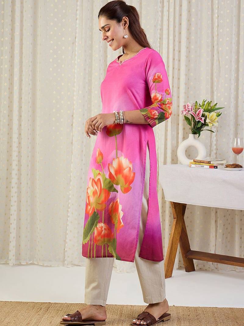 Pink floral printed straight pure cotton kurta