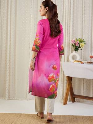 Pink floral printed straight cotton kurta 5