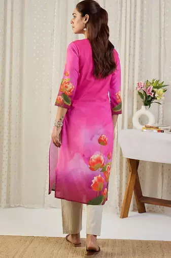 Pink floral printed straight pure cotton kurta