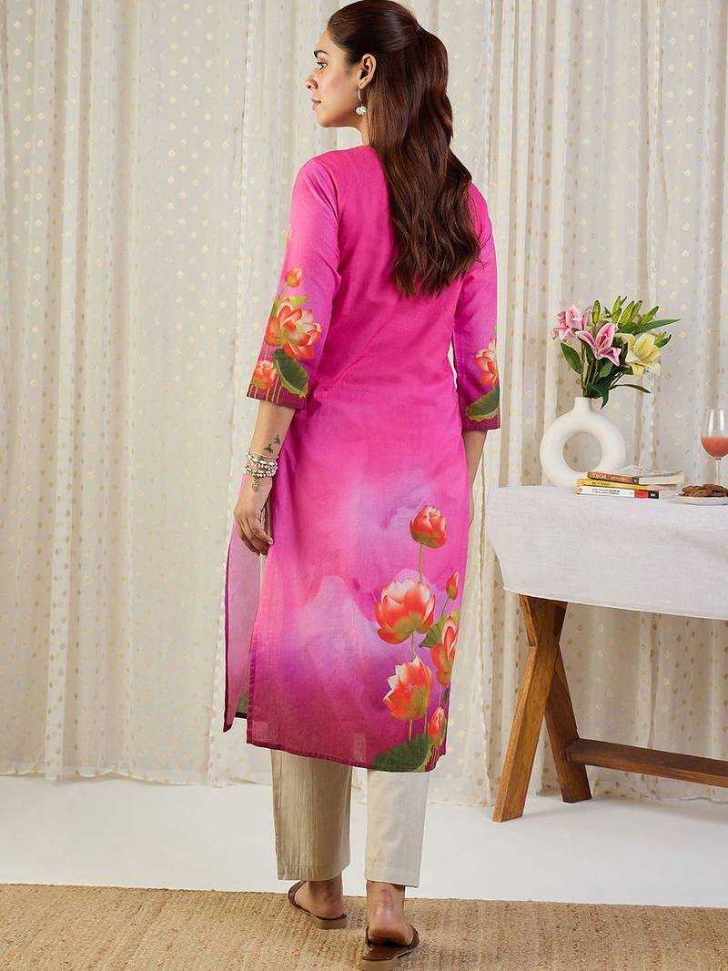 Pink floral printed straight pure cotton kurta