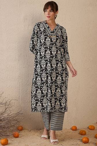 Black women printed regular  cotton kurta with trousers