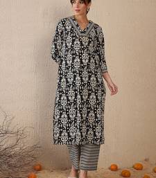 Black women printed cotton kurta with trousers