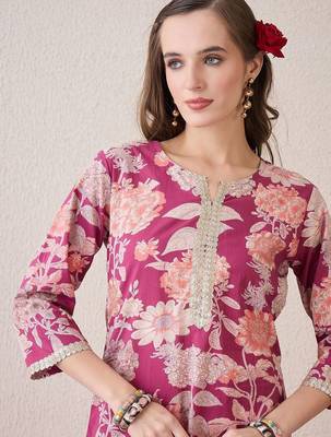 Pink floral printed notch neck thread work cotton straight kurta 2
