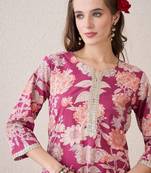 Pink floral printed notch neck thread work cotton straight kurta