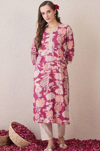 Pink floral printed notch neck thread work cotton straight kurta