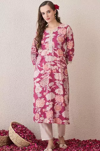 Pink floral printed notch neck thread work cotton straight kurta