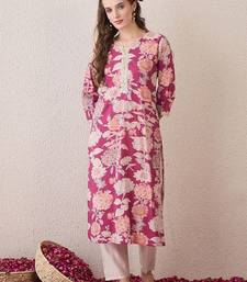 Pink floral printed notch neck thread work cotton straight kurta