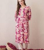 Pink floral printed notch neck thread work cotton straight kurta