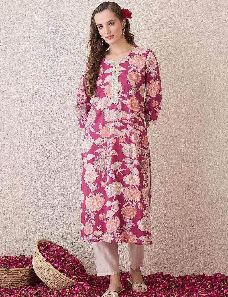 Pink floral printed notch neck thread work cotton straight kurta