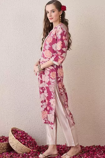 Pink floral printed notch neck thread work cotton straight kurta