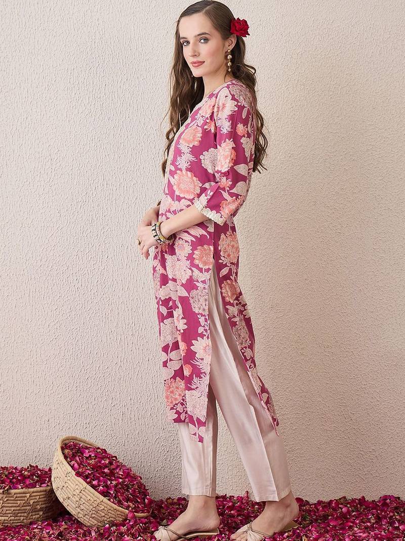 Pink floral printed notch neck thread work cotton straight kurta