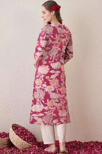 Pink floral printed notch neck thread work cotton straight kurta