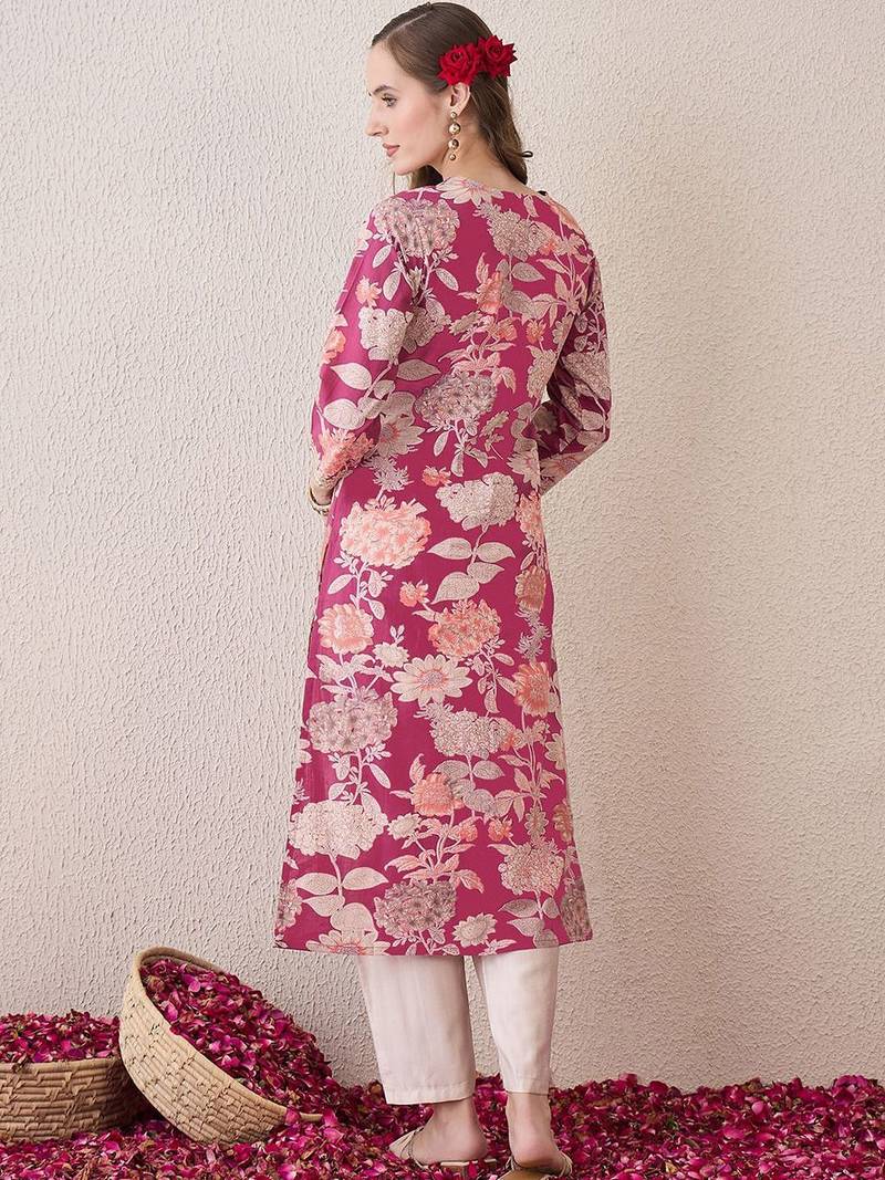 Pink floral printed notch neck thread work cotton straight kurta