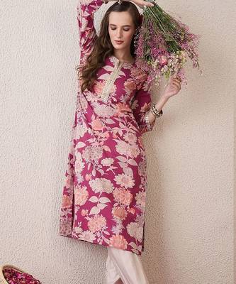 Pink floral printed notch neck thread work cotton straight kurta 5