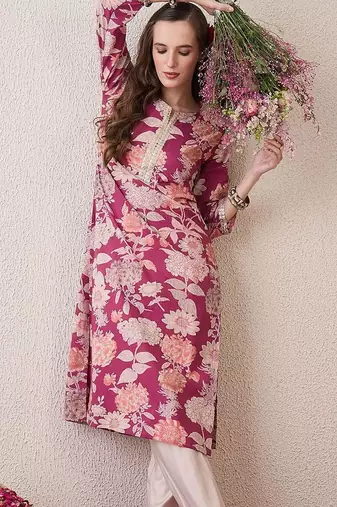 Pink floral printed notch neck thread work cotton straight kurta