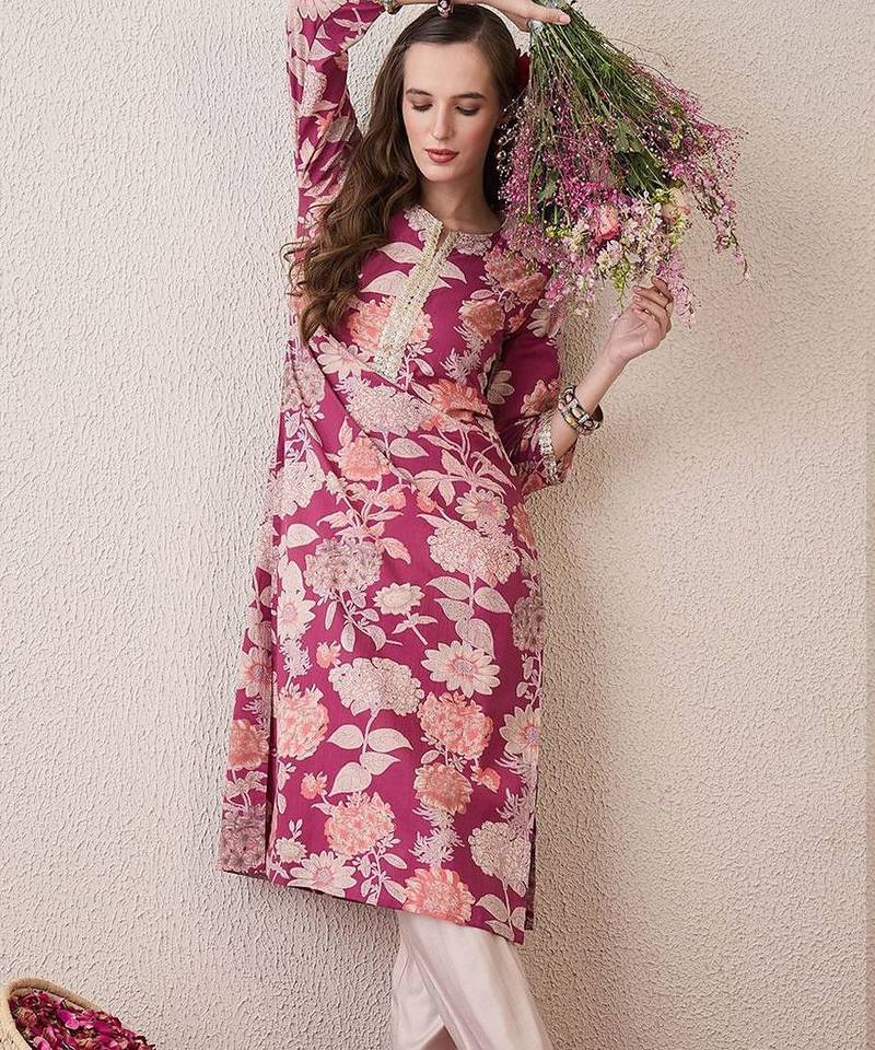 Pink floral printed notch neck thread work cotton straight kurta