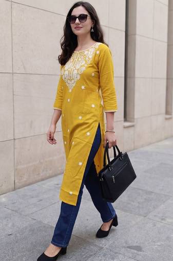 Mustard women embroidered chikankari kurta