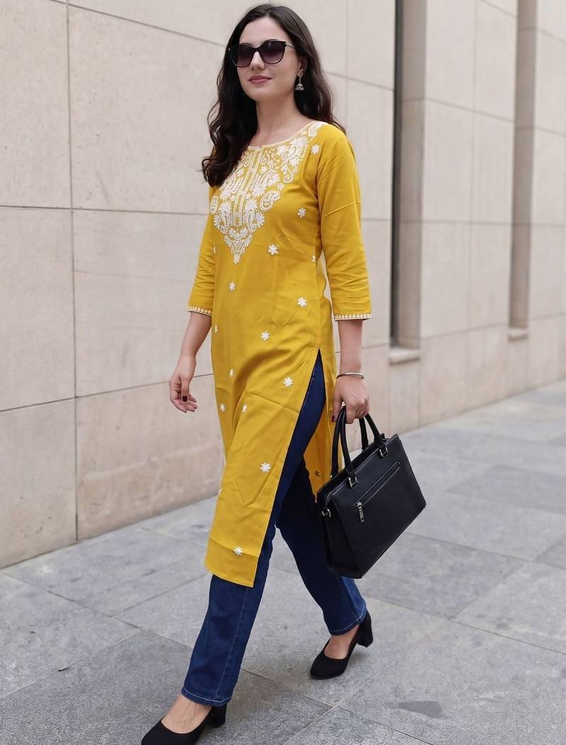 Mustard women embroidered chikankari kurta