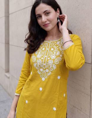 Mustard women embroidered chikankari kurta 2