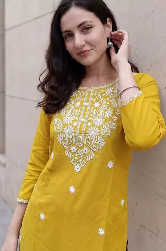 Mustard women embroidered chikankari kurta