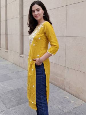 Mustard women embroidered chikankari kurta 3