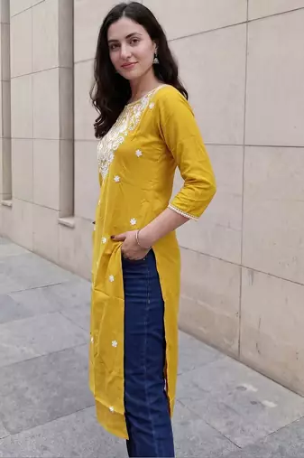 Mustard women embroidered chikankari kurta