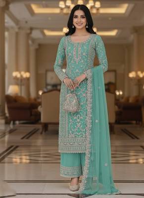 Sea green color girlie butterfly net ceremonial salwar kameez for glamorous looks 2