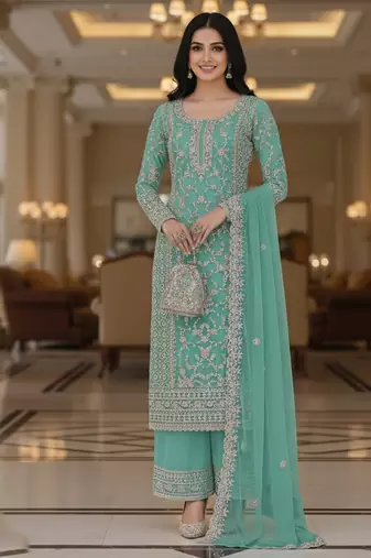 Sea green color girlie butterfly net ceremonial salwar kameez for glamorous looks