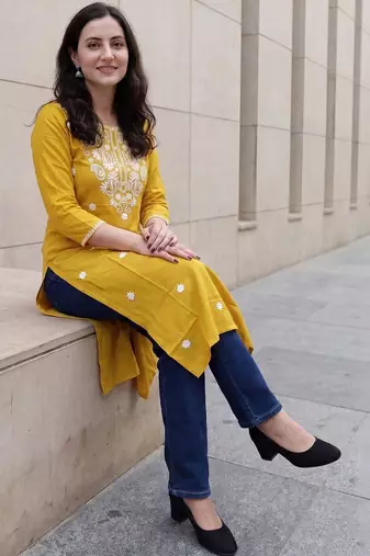 Mustard women embroidered chikankari kurta