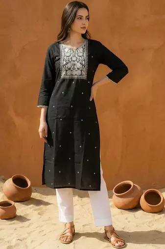 Black women ethnic motifs embroidered thread work kurta